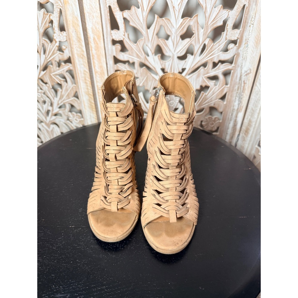 DV Dolce Vita Tan Faux Suede Woven Cage Block Heel Sandals Open Toe Booties 7.5 - Picture 2 of 10